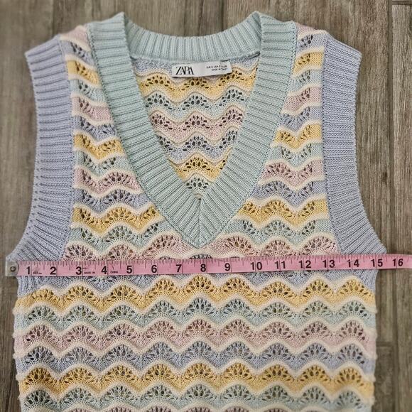 Zara Sweater Vest Womens S Crochet Embroidered Knit Sleeveless Pastel Stripe - Picture 3 of 9